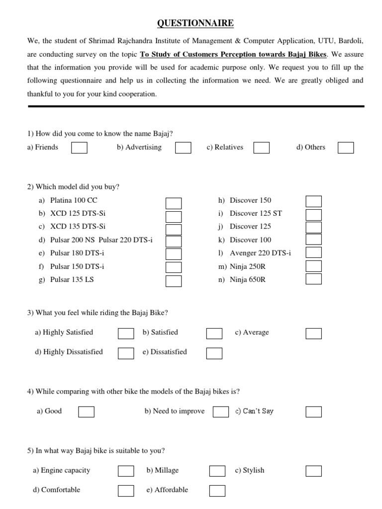questionnaire on customer perception towards bajaj bikes