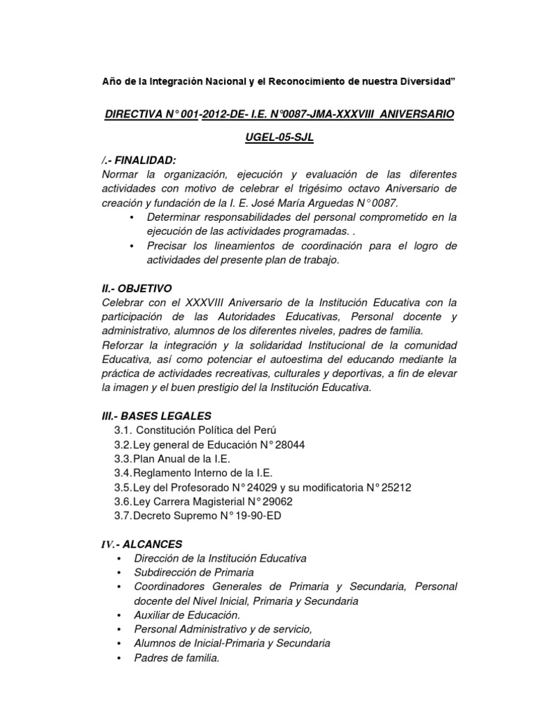 Directiva para el XXXVIII Aniversario | PDF | Educación primaria ...