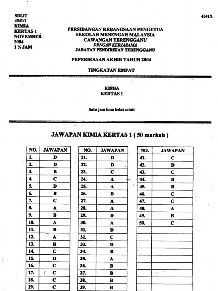 Skema Jawapan Kimia Tingkatan 4 Kertas 1 Pdf