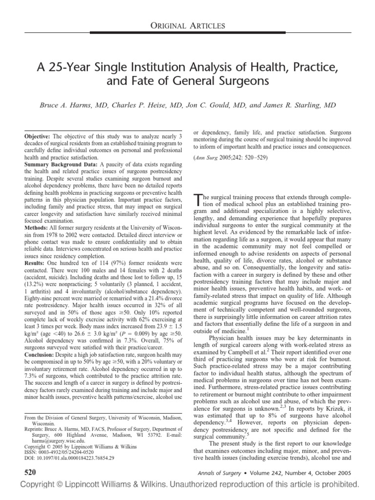 A 25Year Single Institution Analysis of Health, Practice, and Fate of