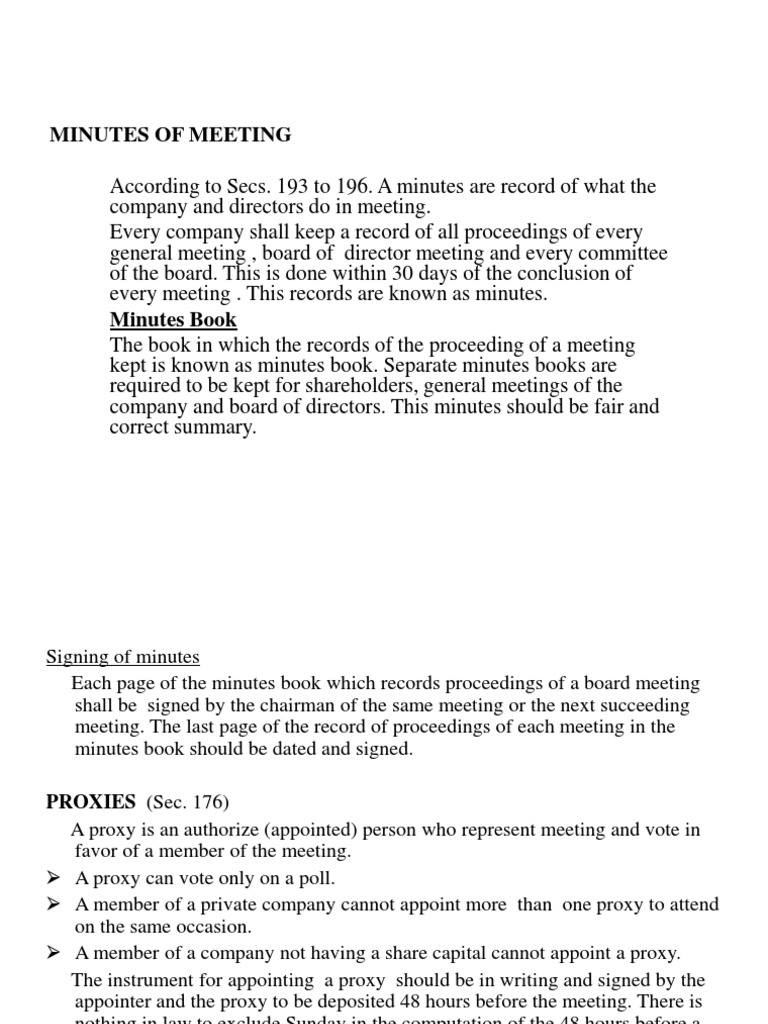 Minutes of a Company Board Meeting Detailing Requirements for Record