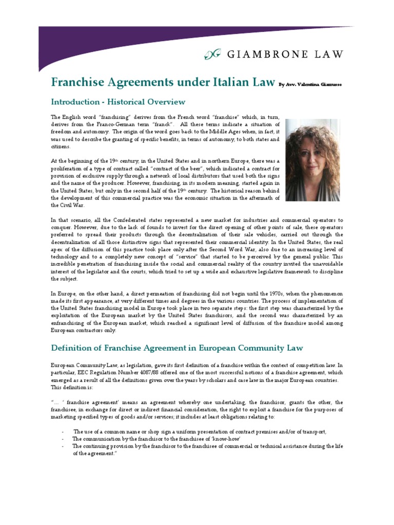 Franchise Agreements Under Italian Law PDF Franchising Business Law