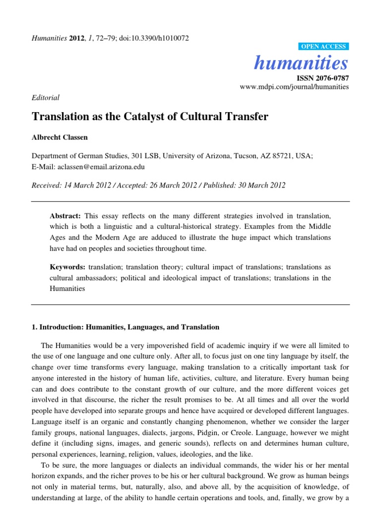 Humanities: Translation As The Catalyst of Cultural Transfer | PDF ...