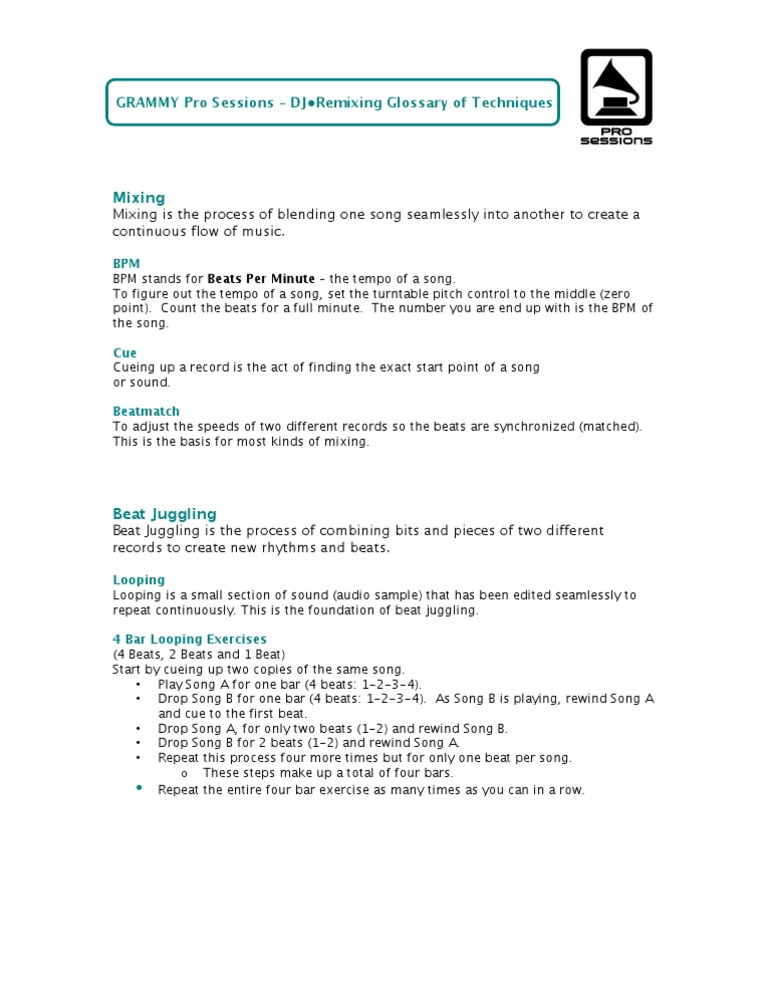 Mixing: GRAMMY Pro Sessions - DJ - Remixing Glossary of Techniques | PDF