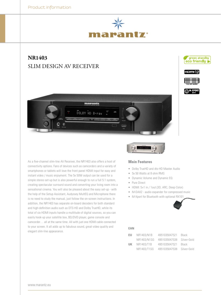 Marantz NR1403 AV Receiver Overview | PDF | Hdmi | Television