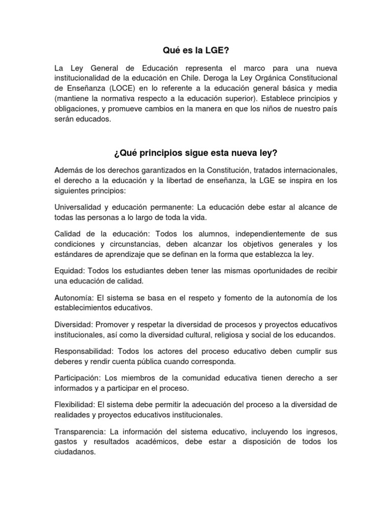 Ley General de Educación en Chile | PDF | Educación de la primera ...