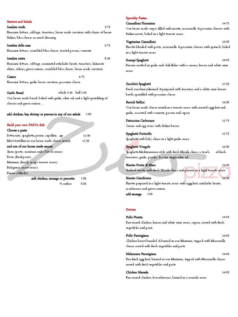 Zio's Pizzeria Menu Overview | PDF | Tomato Sauce | Pesto