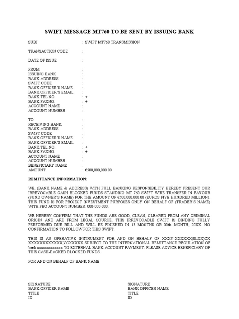 MT760 SWIFT Message for Blocked Funds | PDF