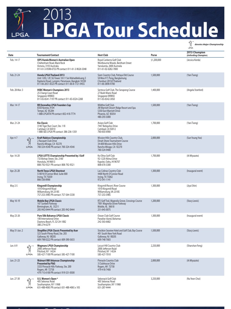 2013 LPGA Tour Schedule PDF Summer Sports Sports