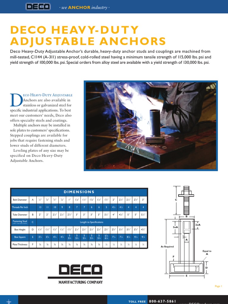 Deco Heavy Duty Adjustable Anchors Sales Sheets Building Materials