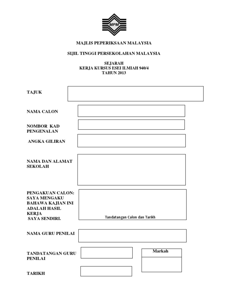 Contoh Muka Depan Kerja Kursus Sejarah Pt3