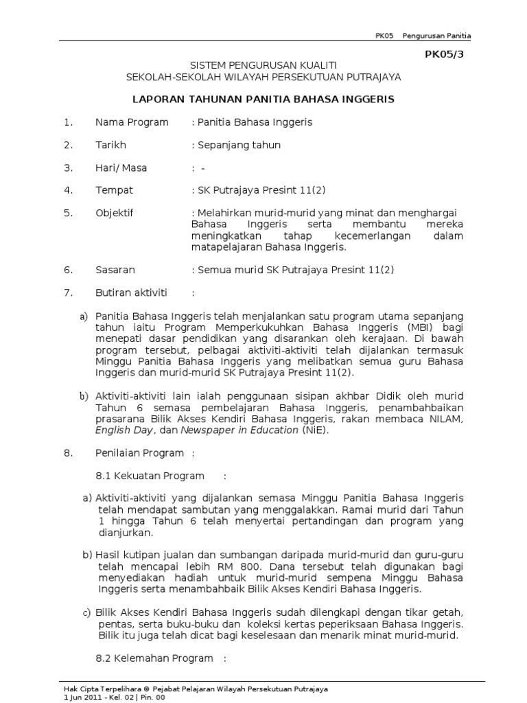 Laporan Tahunan Panatia Bahasa Inggeris Pdf