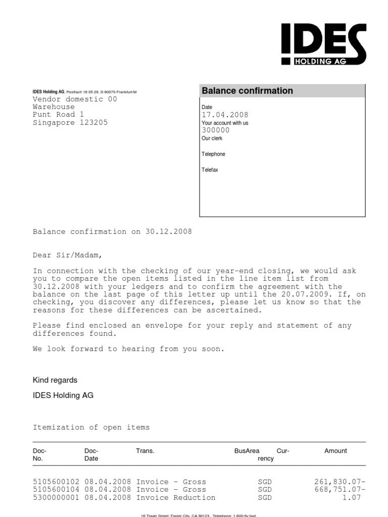Balance Confirmation Letter Pdf Business