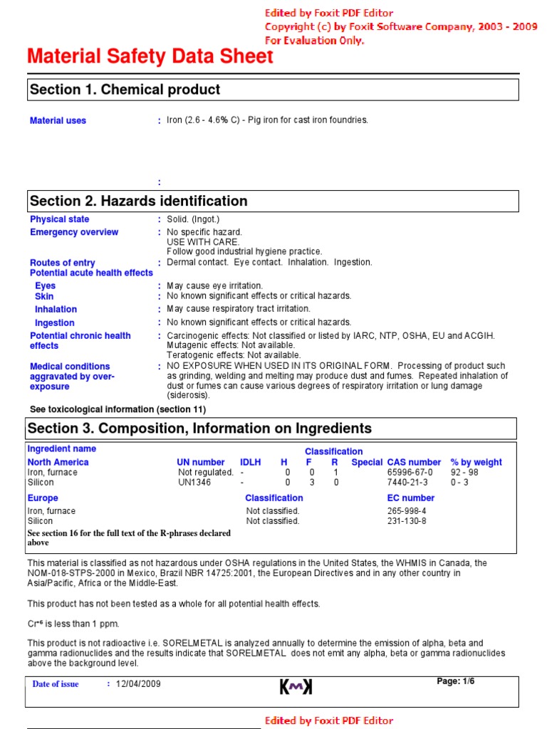 Msds Pig Iron Dangerous Goods Safety