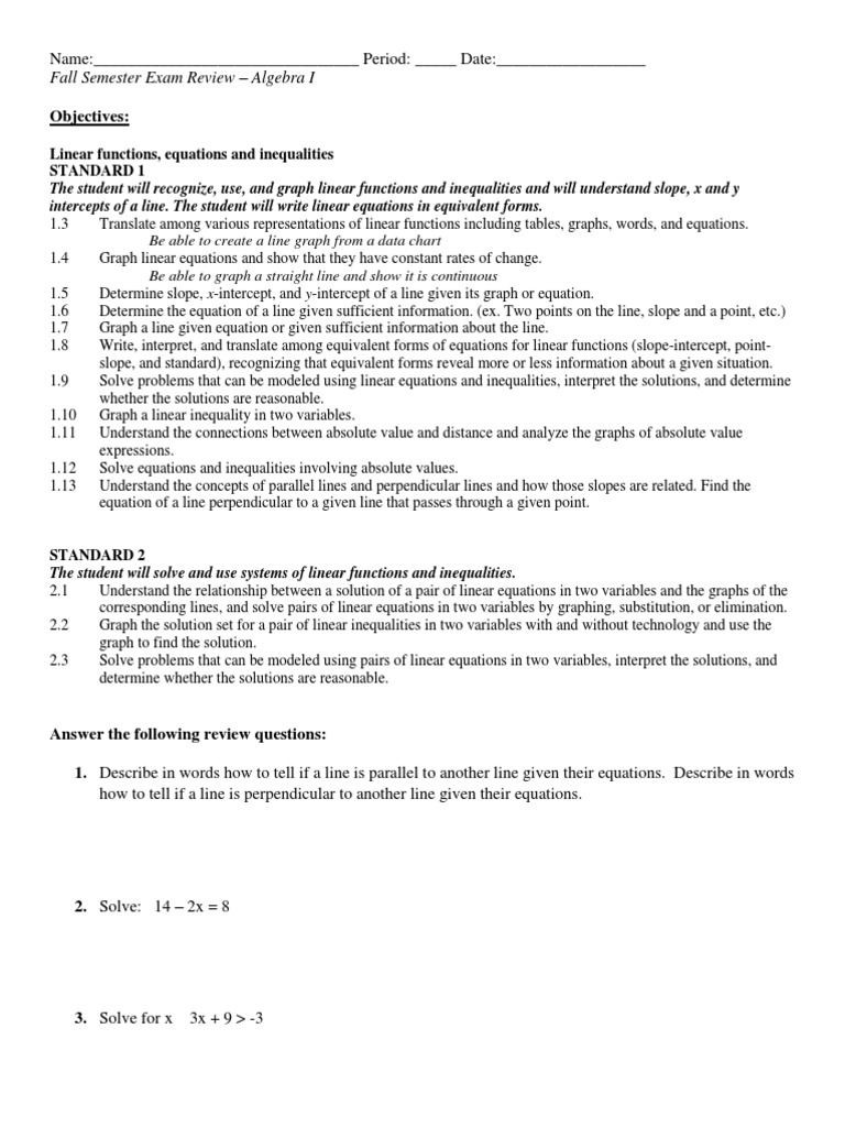 Algebra I Exam Review Guide | PDF | Line (Geometry) | Equations