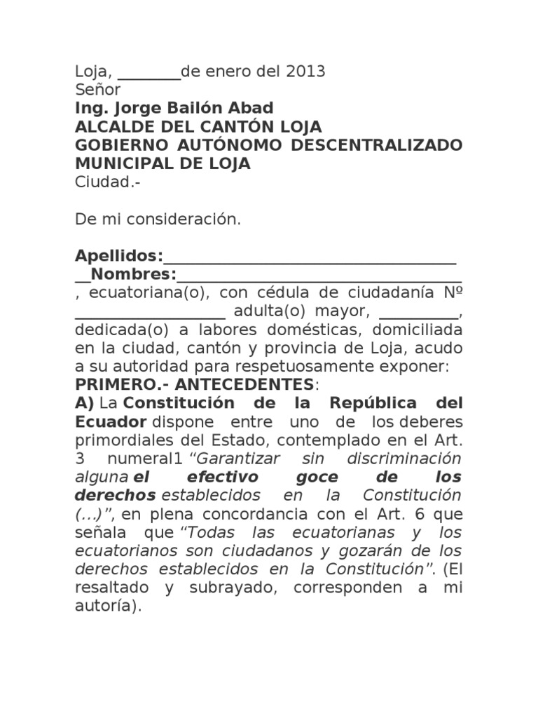 Modelo de Pedido de Exoneración de Pagos para Personas de Tercera Edad