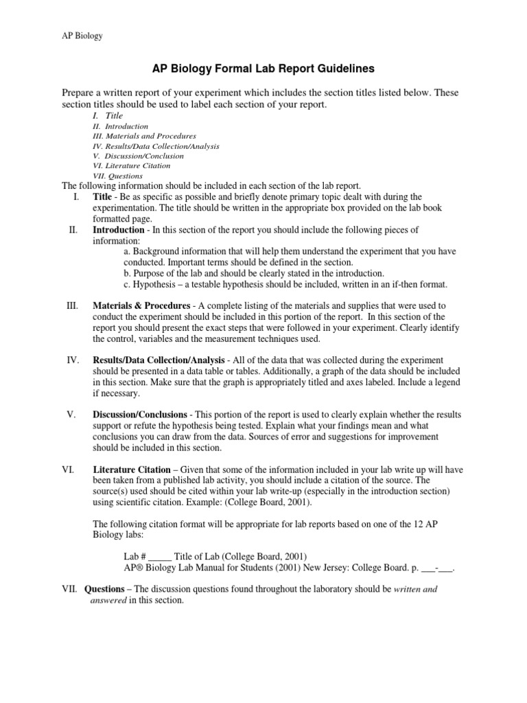 APBiologyFormalLabReportGuidelinesAndRubric 1 PDF Experiment Citation