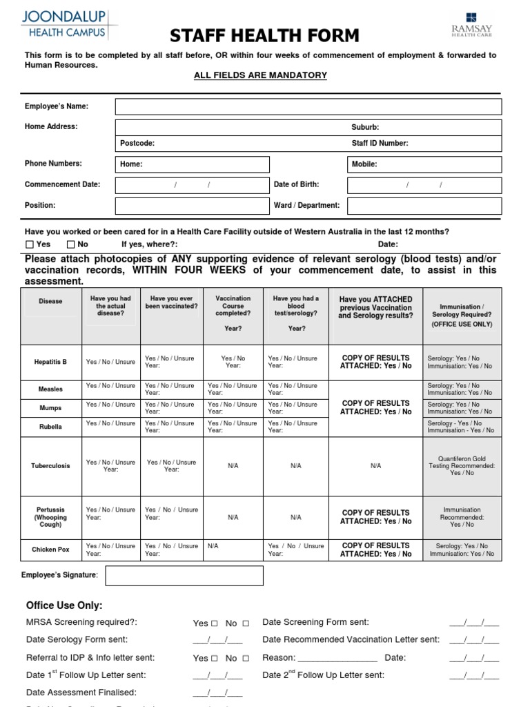 Staff Health Form: - All Fields Are Mandatory | PDF