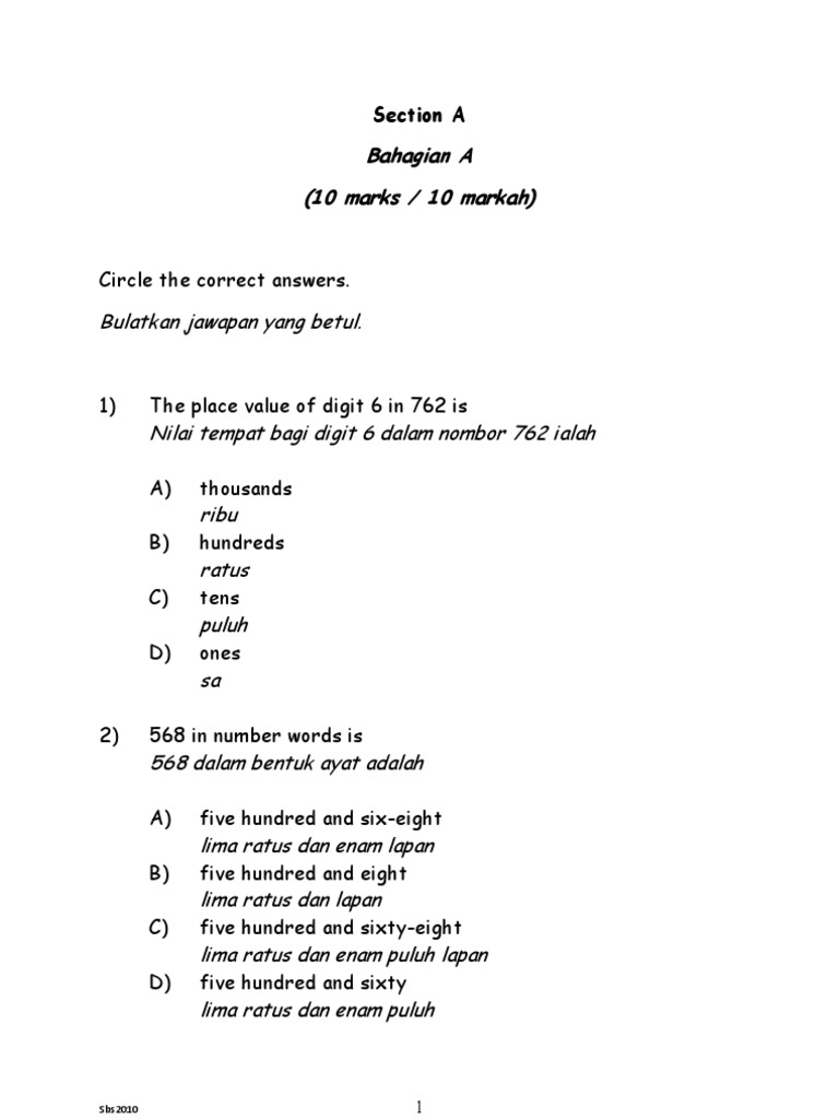 Soalan Matematik Tahun 2 PKSR3