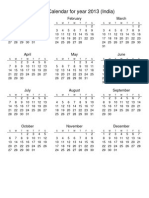 Calendar For Year 2013 (India) : January February March