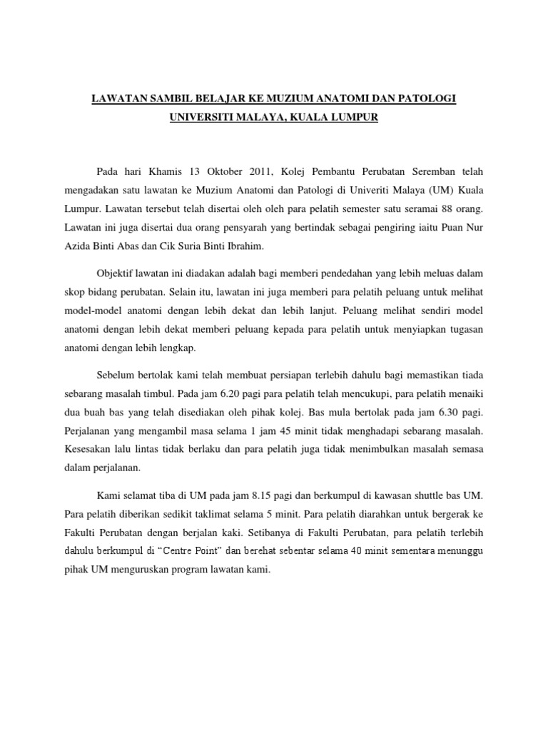 Lawatan Sambil Belajar Ke Muzium Anatomi Dan Patologi Universiti Malaya