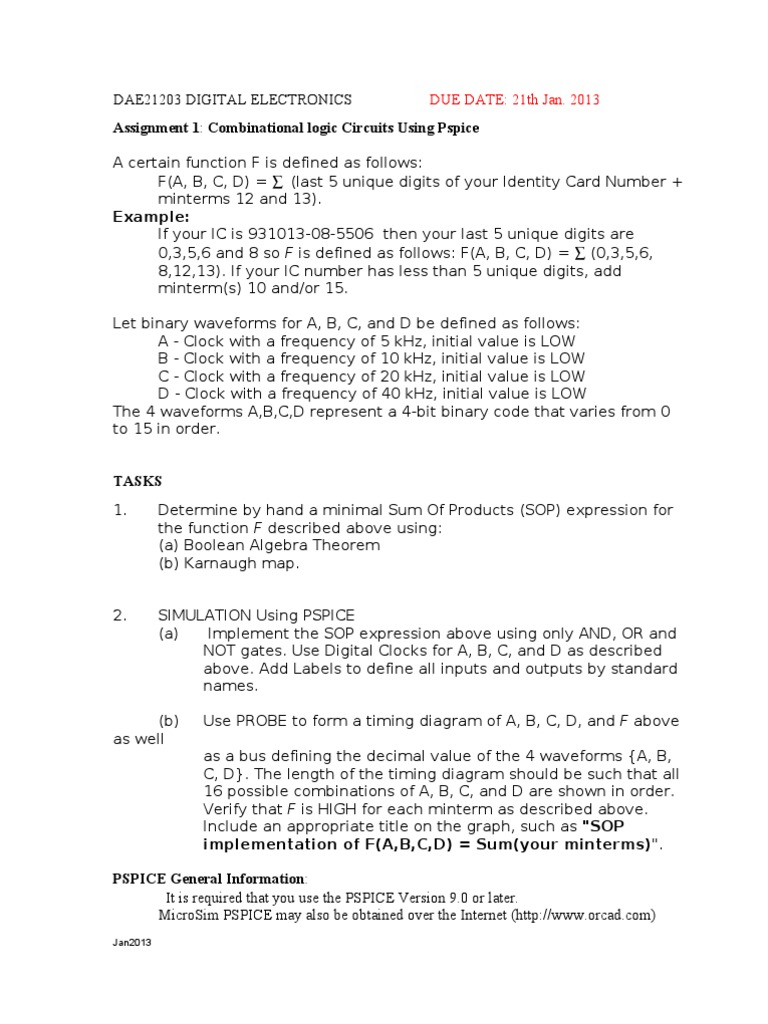 Assignment 1: Combinational Logic Circuits Using Pspice: DUE DATE: 21th ...