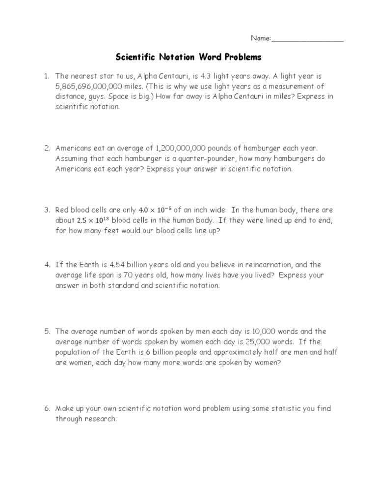 Scientific Notation Word Problems Worksheet | PDF | Science | Teaching ...