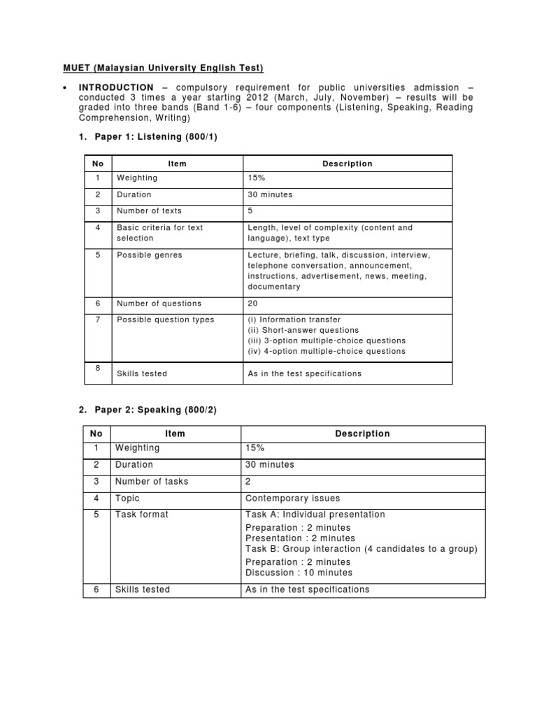 MUET Requirements and Test Format | PDF