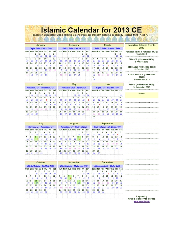 Islamic Calender 2013 | PDF, image size:768x1024
