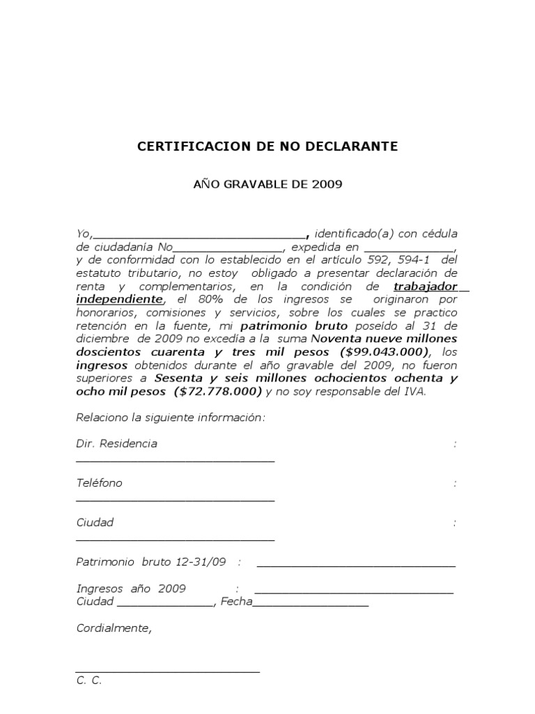 Certificacion No Declarante Renta Independiente