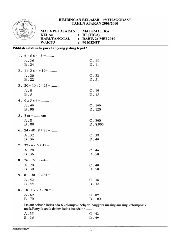 Soal Matematika SD Kelas 3 Semester 2