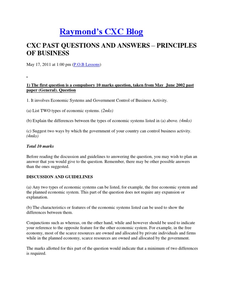Principles Of Business Cxc Past Papers