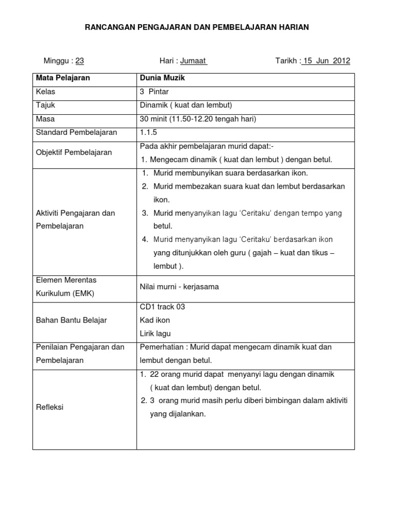 Contoh RPH Dunia Muzik Tahun 3