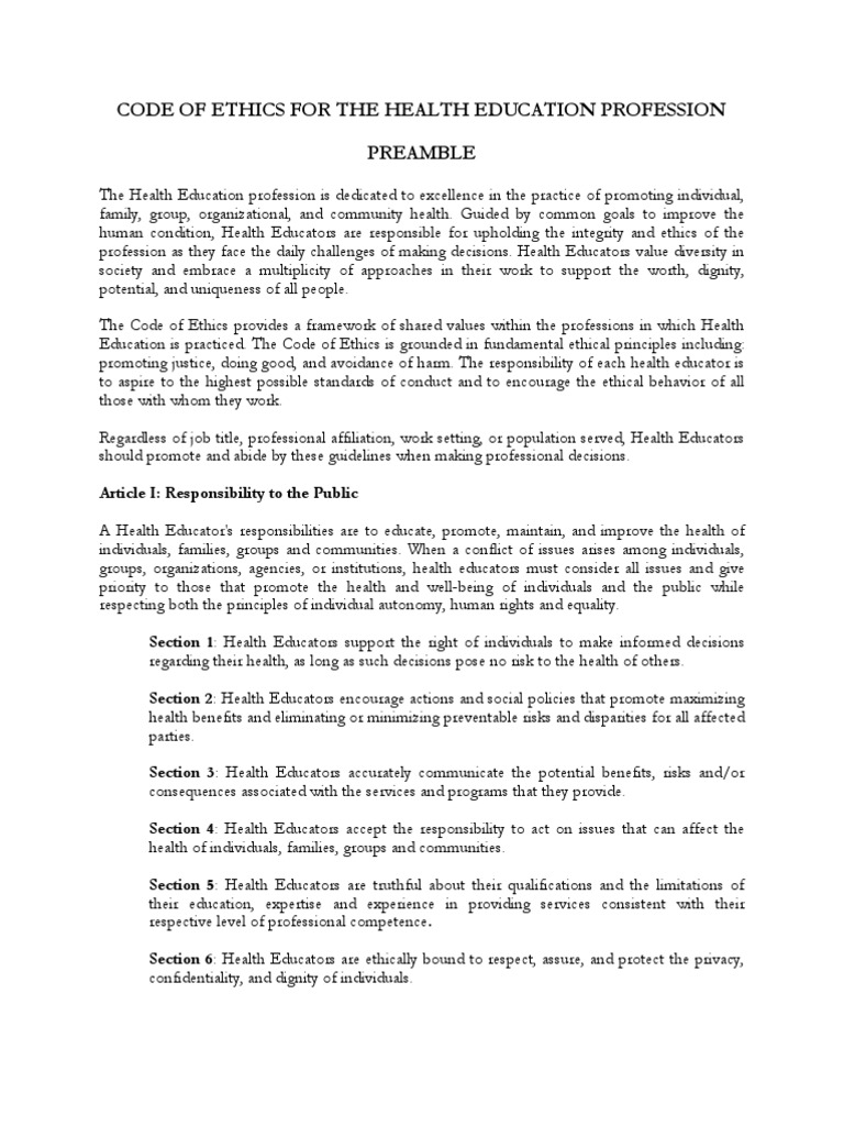 Public Health Code of Ethics PDF Health Education Profession