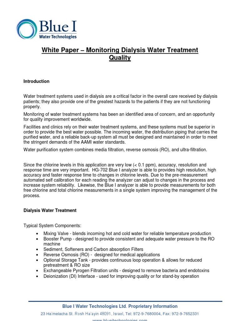 monitoring dialysis water treatment system Water Purification