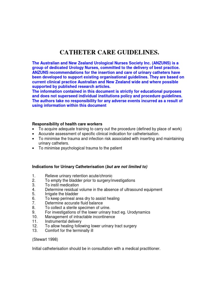 Catheter Care Guidelines (by ANZUS) Catheter Urology