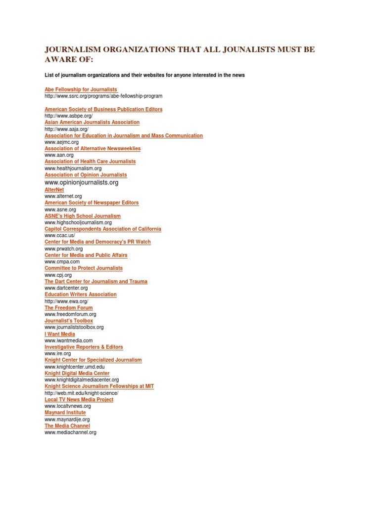 Essential Journalism Organizations List | PDF | Journalism | News Media