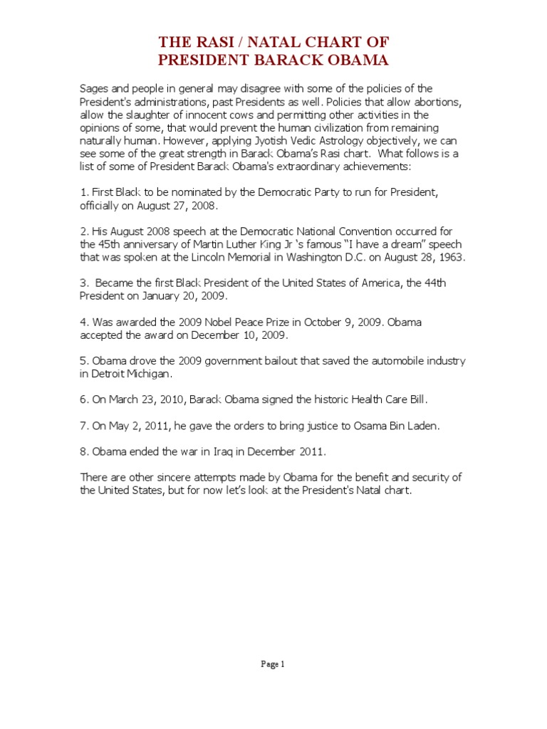 Barack Obama's Jyotish Natal Chart PDF Zodiac Esoteric Cosmology