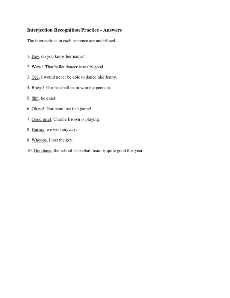 Interjection Recognition Practice - Answers | PDF | Sports & Recreation ...