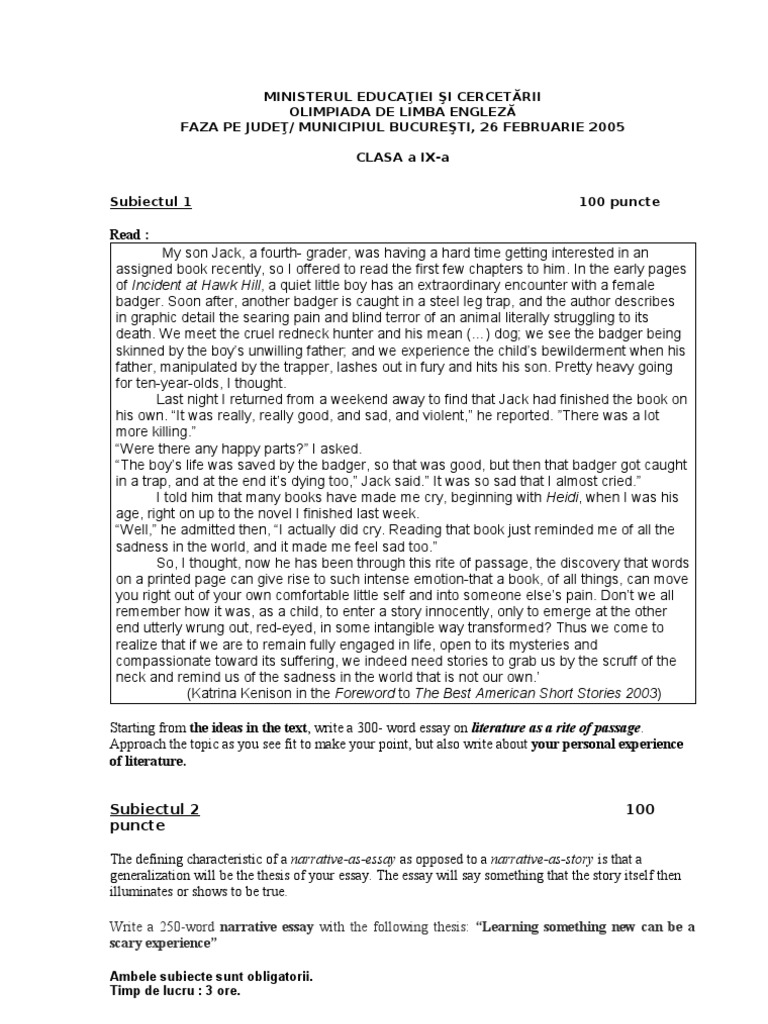 Olimpiada Judeteana Clasa A IXa MATERIAENGLEZA PDF Essays Books