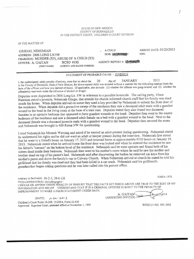 Probable Cause Statement For New Mexico Murder Suspect Nehemiah Griego ...