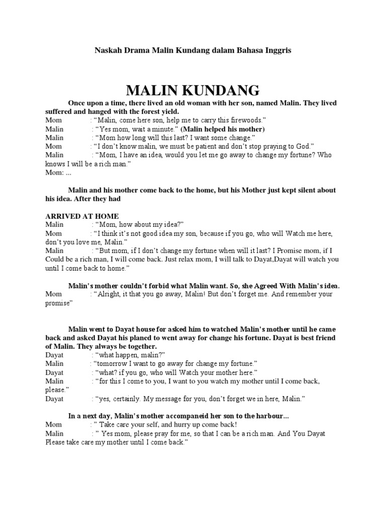 Naskah Drama Malin Kundang Dalam Bahasa Inggris