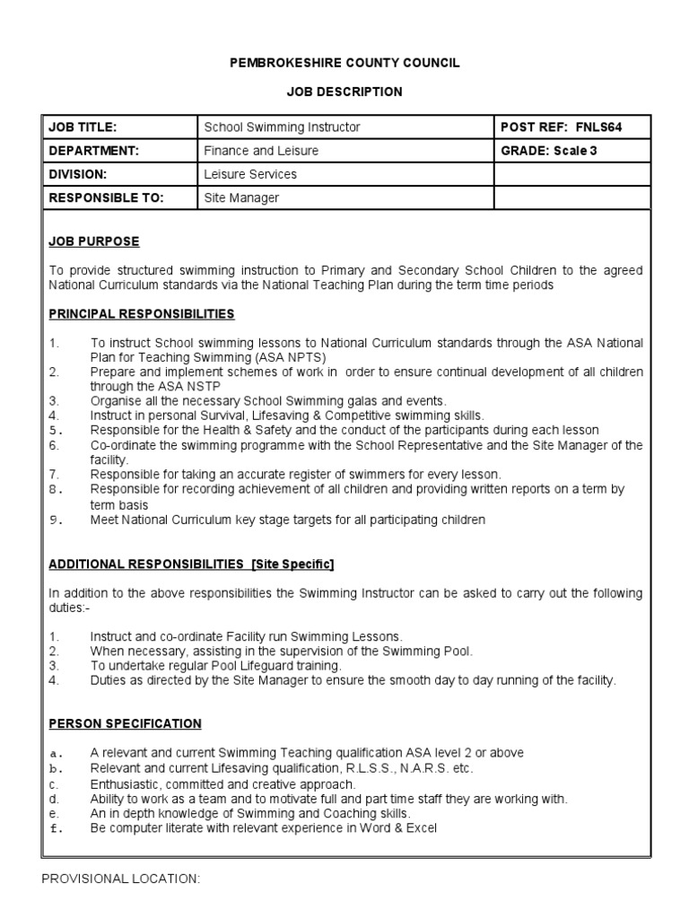 Pembrokeshire County Council Job Description Job Title: Post Ref ...