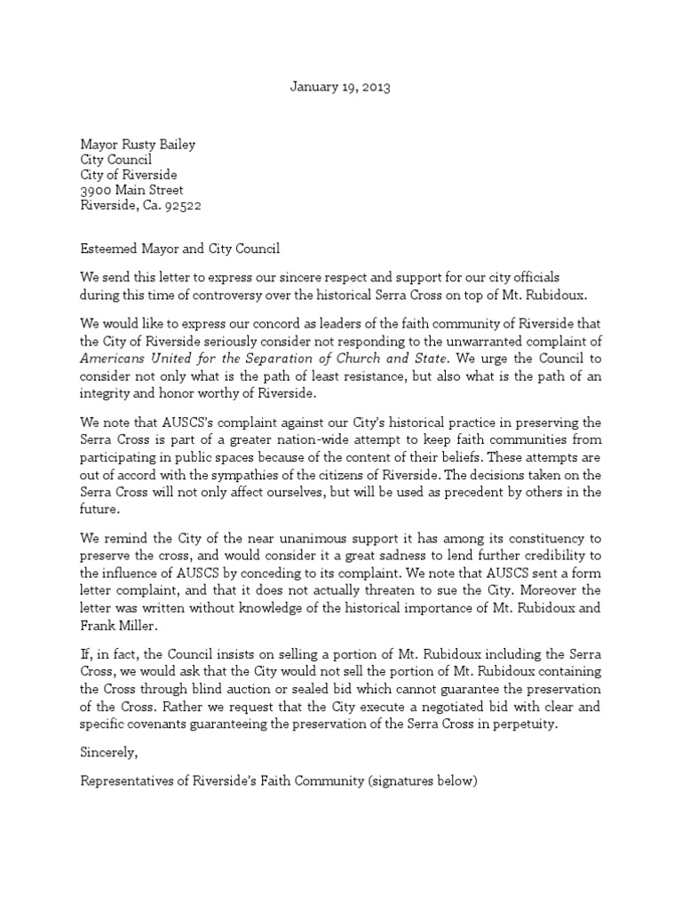 Letter from religious leaders to Riverside The Reverend Catholic Church