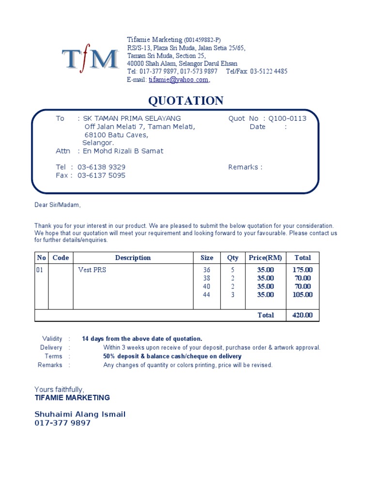 Quotation Q100-0113 for SK Taman Prima | PDF