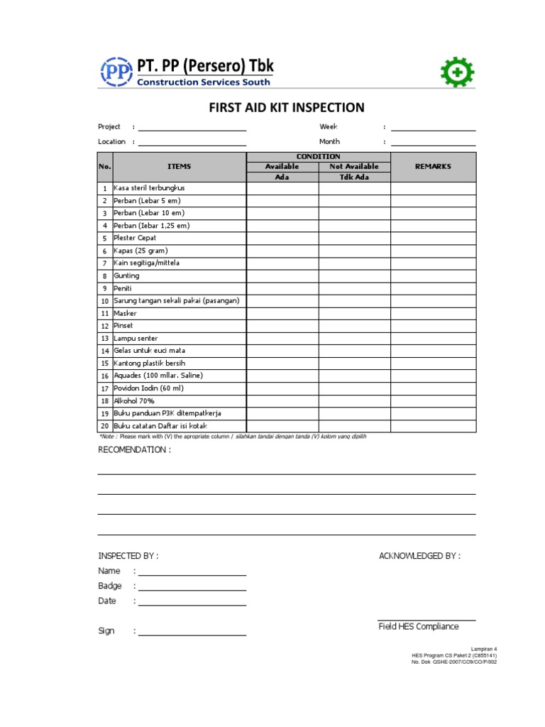 Lamp 4 Form Inspeksi P3k Ok First Aid Kit Inspection
