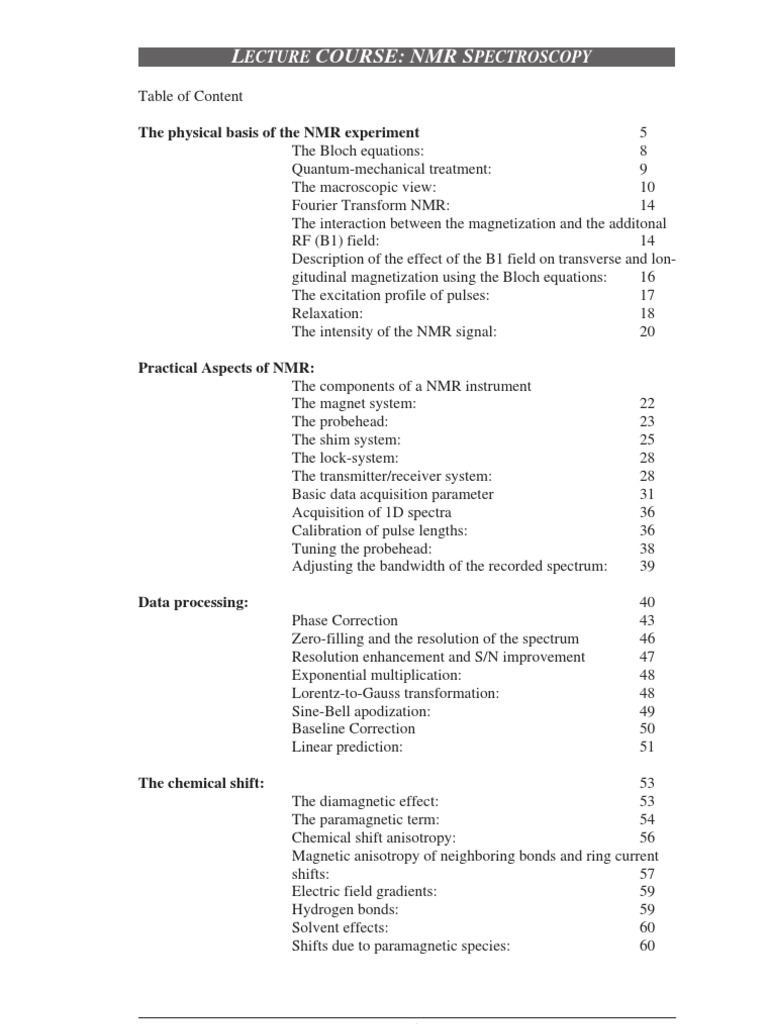 NMR Spectroscopy Lecture Course Overview | PDF | Relaxation (Nmr ...