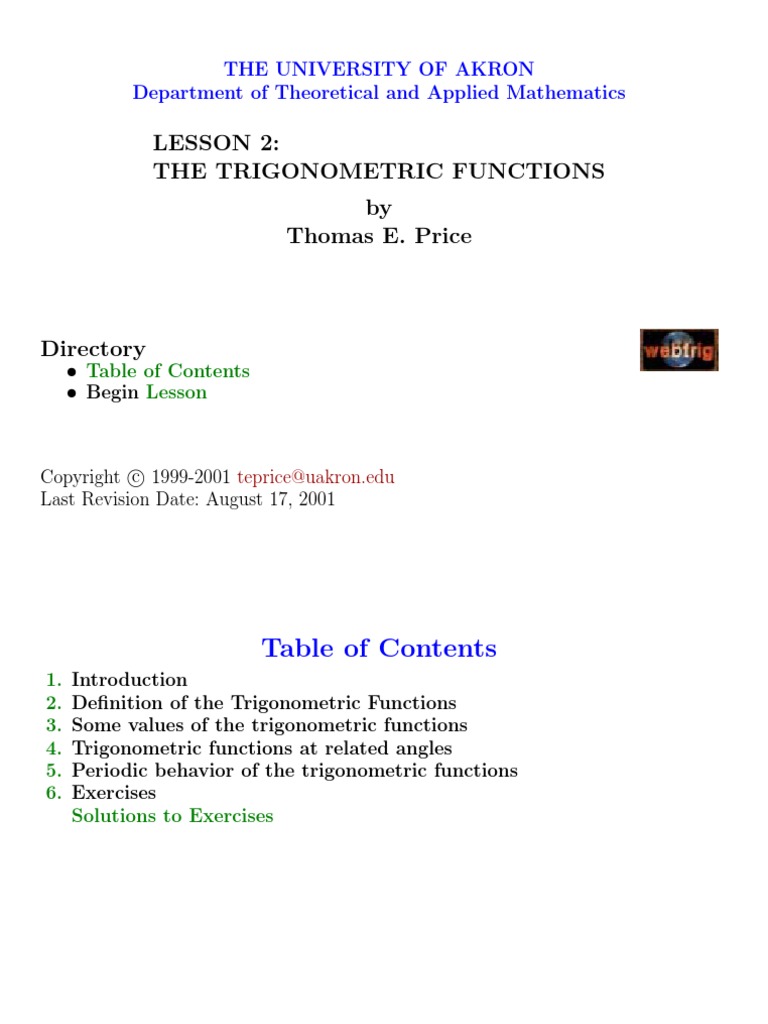 Lesson 2: The Trigonometric Functions by Thomas E. Price | PDF ...