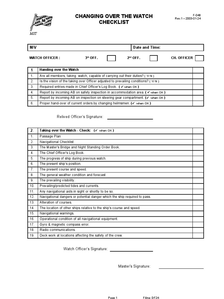 Watch Changeover Checklist | PDF | Ships | Transport