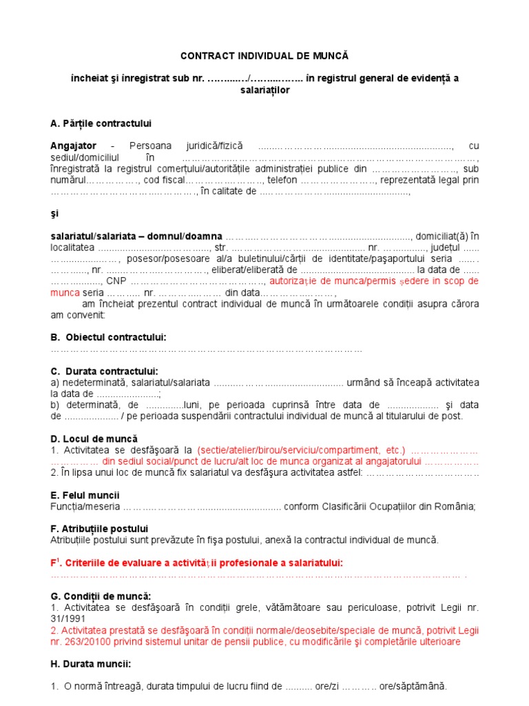 Contract individual de munca Model